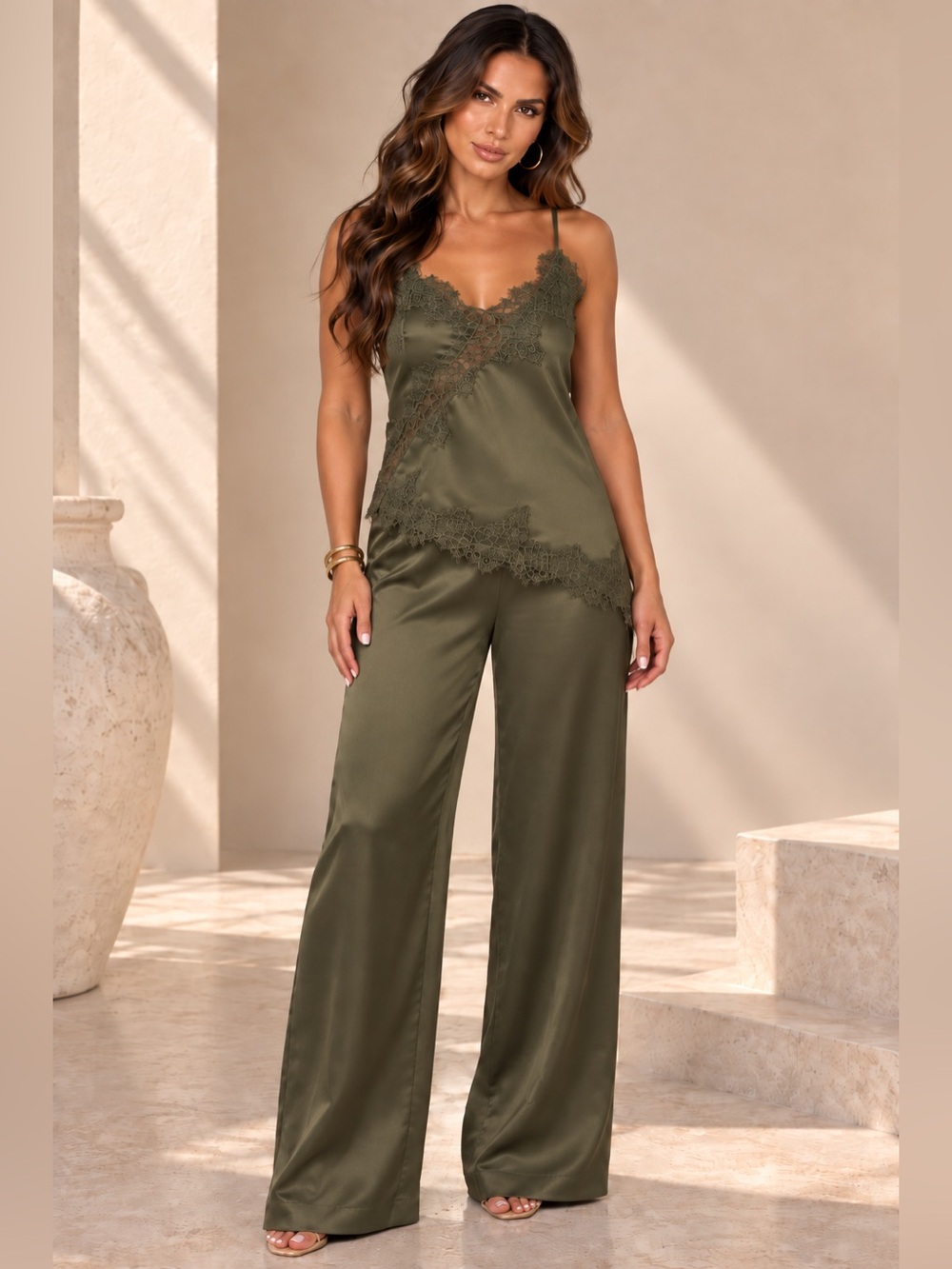 Olive Lace-Trim Satin Cami & Wide-Leg Pant Set
